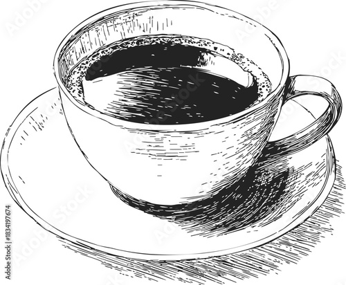 Coffee cup sketch hand drawn style with saucer and hot drink. Vector illustration