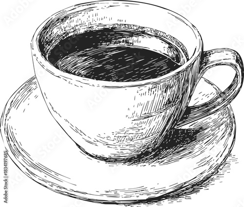 Coffee cup sketch hand drawn on saucer with hot drink. Vector illustration
