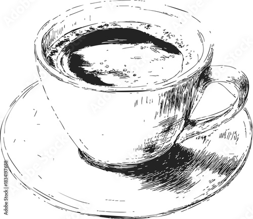 Coffee cup sketch hand drawn on saucer with hot drink. Vector illustration