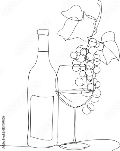Wine bottle sketch, hand drawn style with wine glass and grapevine. Vector illustration