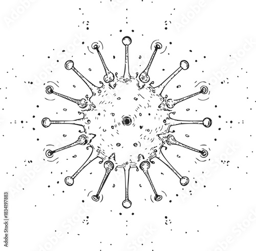 Coronavirus hand drawn sketch, detailed viral structure with spike proteins. Vector illustration