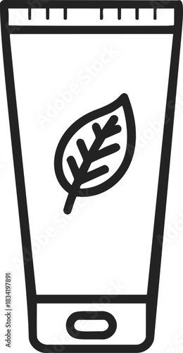 Face moisturizer tube sketch with leaf symbol, hand drawn organic skincare packaging. Vector illustration