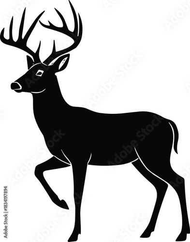White-Tailed Buck Silhouette – Walking Deer with Large Antlers Solid Black Wildlife Vector Illustration Isolated on Transparent Background
