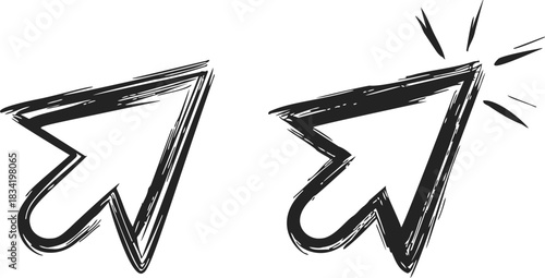 Cursor arrow sketch, hand drawn style, dynamic click action. Vector illustration