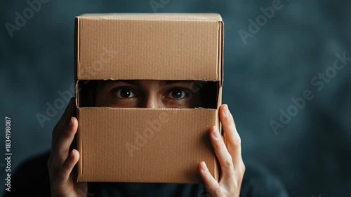 Mysterious Gaze Person Peeking Through Cardboard Box Eyes Focused and Curious.