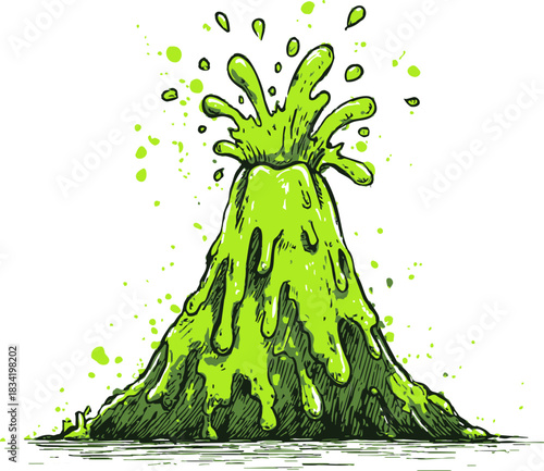 Green volcano eruption sketch, hand drawn style with splashing lava. Vector illustration