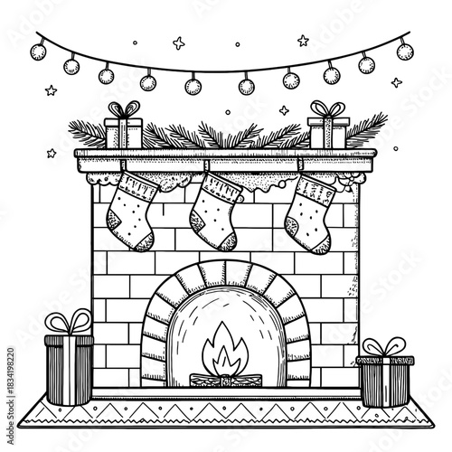 Illustration of a christmas fireplace with stockings gifts and lights hanging above the mantlepiece