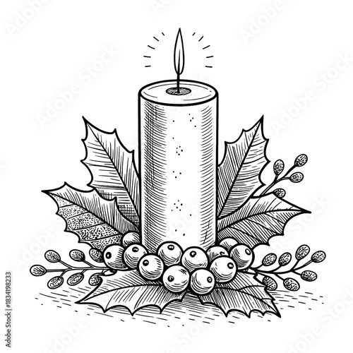 A candle surrounded by holly leaves and berries in a black and white drawing style illustration