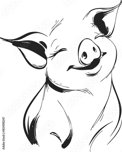 Pig winking sketch, hand drawn line art, playful smiling farm animal. Vector illustration