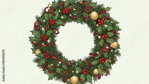 A beautifully illustrated christmas wreath adorned with holly berries pine cones golden ornaments and red ribbons is presented against a soft cream background symbolizing the festive holiday season
