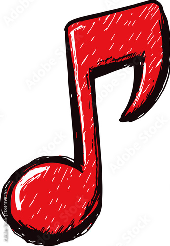 Music note sketch hand drawn red symbol with bold outline. Vector illustration
