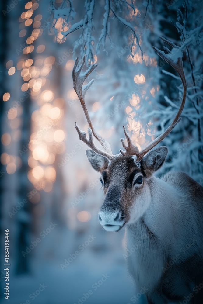 Naklejka premium Reindeer standing in snowy forest with magical Christmas lights. Reindeer standing in deep snow, illuminated by magical Christmas lights in a winter forest