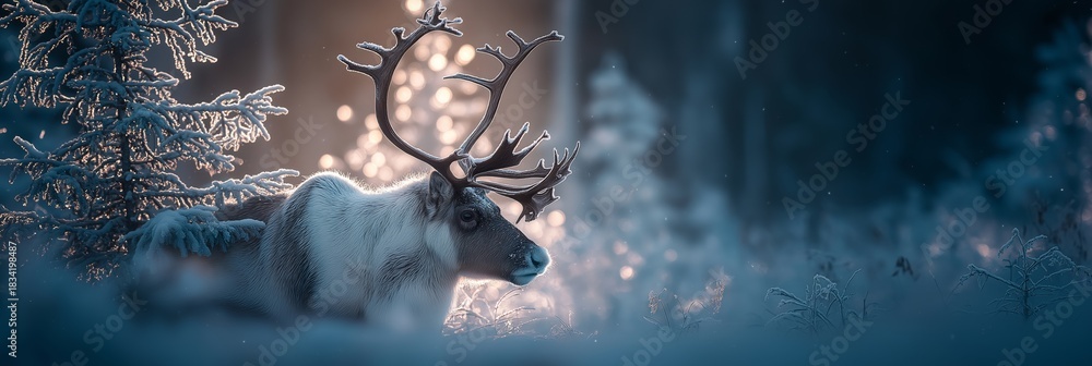 Naklejka premium Reindeer standing in snowy forest with magical Christmas lights. Reindeer standing in deep snow, illuminated by magical Christmas lights in a winter forest
