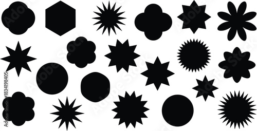 Collection of twenty unique black silhouette shapes on a white background including stars ovals hexagons and floral inspired designs for graphic design