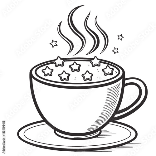 Illustration of a steaming cup filled with star shaped marshmallows on a saucer with stars around it