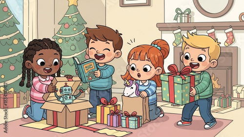 Diverse group of happy children excitedly opening christmas presents around a decorated tree and fireplace receiving toys like a robot and unicorn