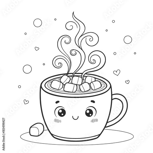 Cute cartoon mug filled with marshmallows and steaming hot chocolate ready for coloring activity fun