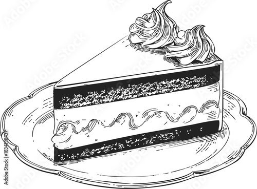 Cake slice sketch hand drawn on plate with cream topping. Vector illustration