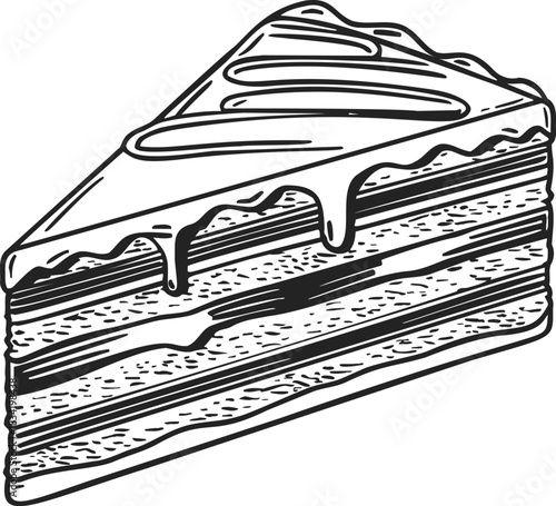 Cake slice sketch hand drawn with icing and layered filling. Vector illustration
