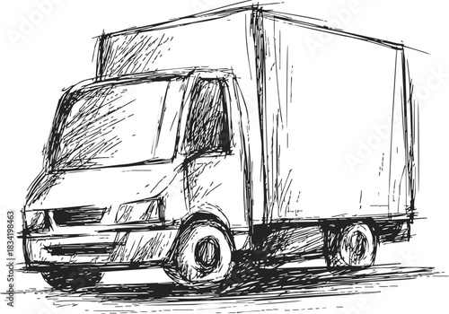 Delivery truck sketch hand drawn style, detailed cargo vehicle side view. Vector illustration