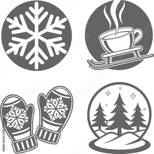Winter Emblem Collection: A collection of captivating winter emblems, featuring a unique snowflake, a steaming cup of beverage on a sled, cozy mittens with snowflakes, and a serene forest scene.