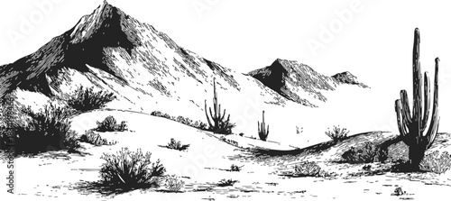 Desert landscape sketch, hand drawn mountains, cacti, and sparse vegetation. Vector illustration