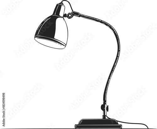 Desk lamp sketch hand drawn with adjustable arm on table. Vector illustration