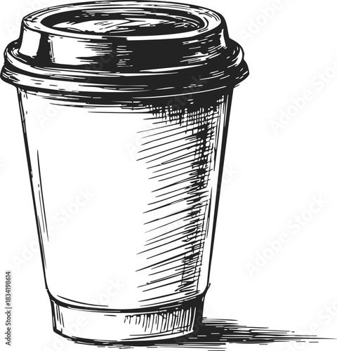 Coffee cup sketch hand drawn takeaway cup with lid and shading. Vector illustration