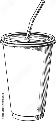 Tumbler cup with straw sketch, hand drawn line art, isolated on white. Vector illustration