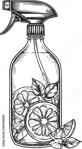 Spray bottle sketch with lemon slices and mint leaves, hand drawn style. Vector illustration