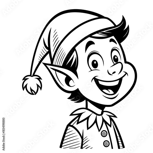 Illustration of a cheerful christmas elf with a pointy hat and big ears in black and white style