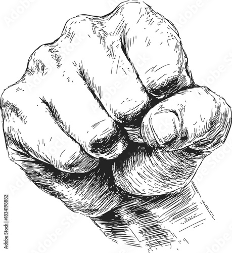 Fist hand sketch, hand drawn vector, clenched gesture in front view. Vector illustration