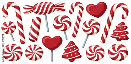 Candy cane red pattern set. Festive Christmas sweets including striped candy canes, swirl lollipops