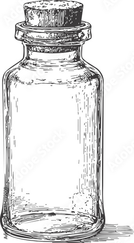 Glass bottle with cork stopper, sketch hand drawn style, vintage apothecary container. Vector illustration