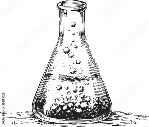 Erlenmeyer flask sketch hand drawn with bubbling liquid and chemical reaction. Vector illustration