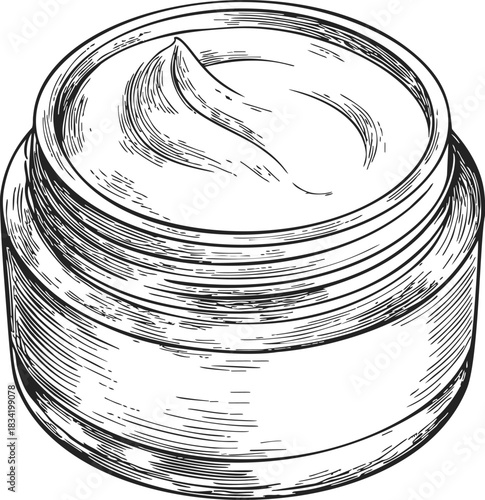 Cream jar sketch hand drawn open container with swirl of cream. Vector illustration