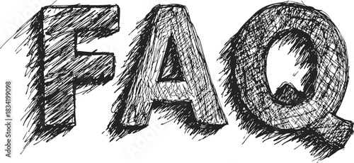 FAQ large bold letters sketch hand drawn style black and white. Vector illustration