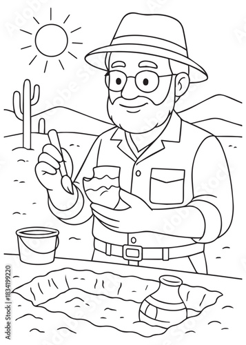 Coloring book Father archaeologist brushing ancient pottery in the desert