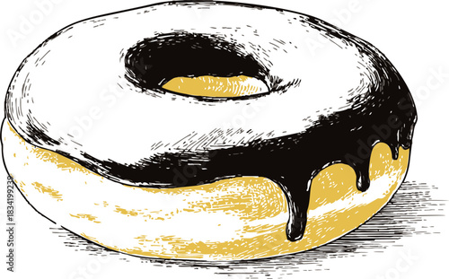 Donut sketch hand drawn with chocolate glaze and detailed shading. Vector illustration