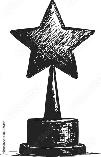 Star trophy sketch, hand drawn vector, award on pedestal for achievement. Vector illustration