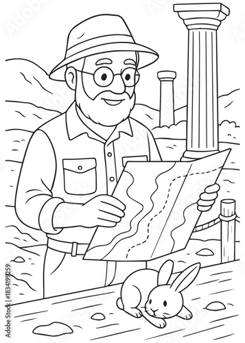 Coloring book Father archaeologist reading excavation map near ancient ruins