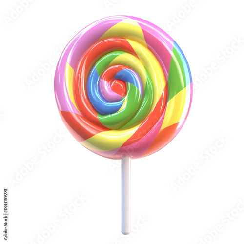 A colorful, round, spiral-shaped lollipop with a white stick.