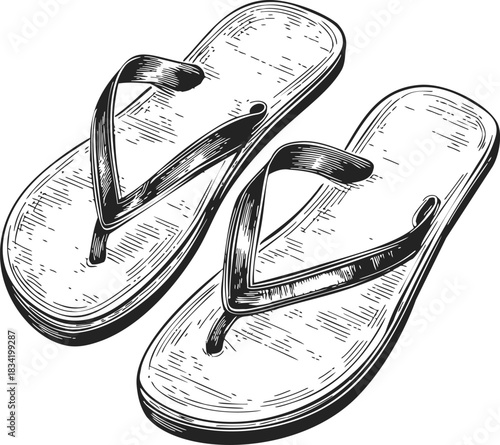 Flip-flops sketch hand drawn summer footwear with textured straps and soles. Vector illustration