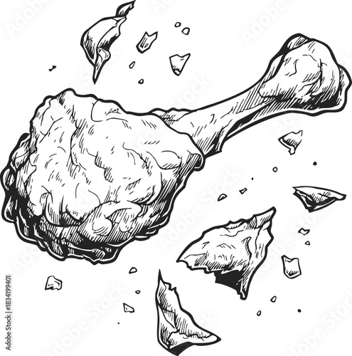 Fried chicken drumstick sketch with crispy crumbs, hand drawn style. Vector illustration