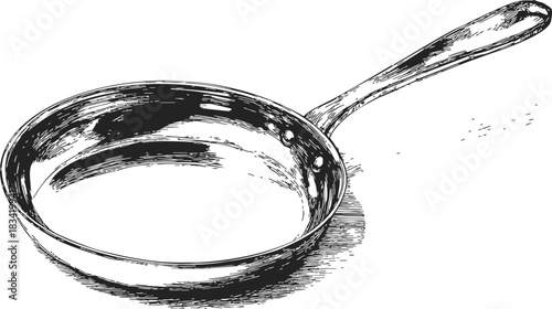 Frying pan sketch hand drawn kitchen utensil with long handle. Vector illustration
