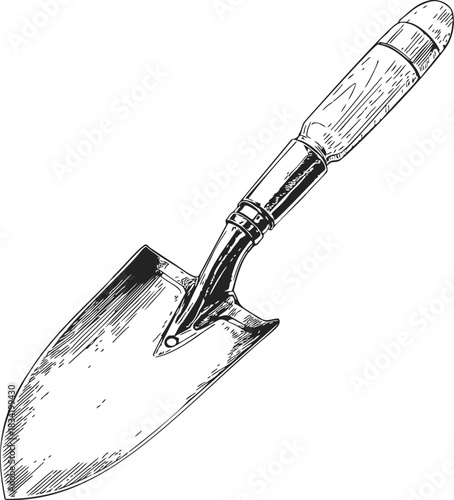 Garden trowel sketch hand drawn illustration with wooden handle and metal blade. Vector illustration