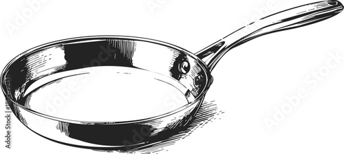 Frying pan sketch hand drawn kitchen utensil with long handle. Vector illustration