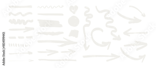 A collection of arrows and other shapes are drawn in a variety of styles. Scene is playful and whimsical, with the shapes appearing to be more like abstract art than traditional arrows