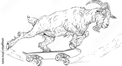 Goat sketch hand drawn riding skateboard dynamic action pose. Vector illustration