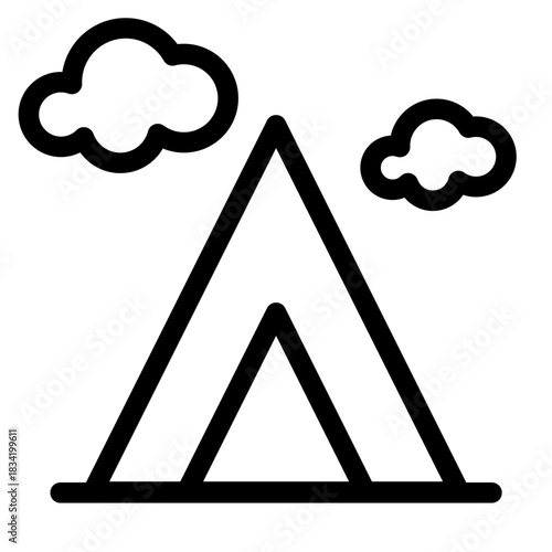 Outline icon of a camping tent for outdoor, travel, or adventure use.